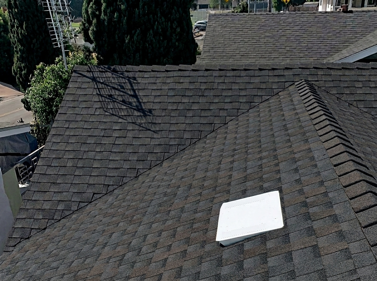 Completed shingle roof rebuild on a home in Solana Beach, California