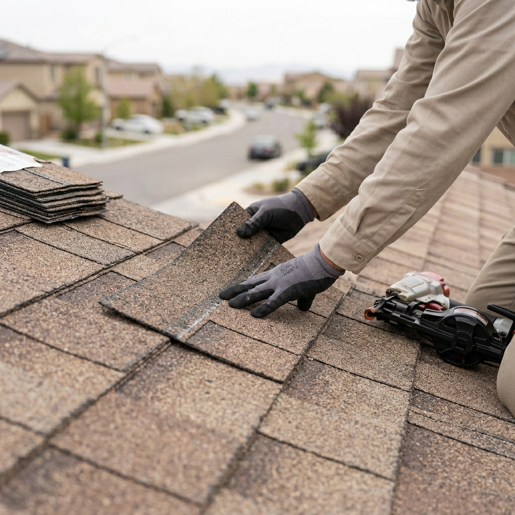 Casa Mora Roofing crew repairing asphalt shingles on a residential roof